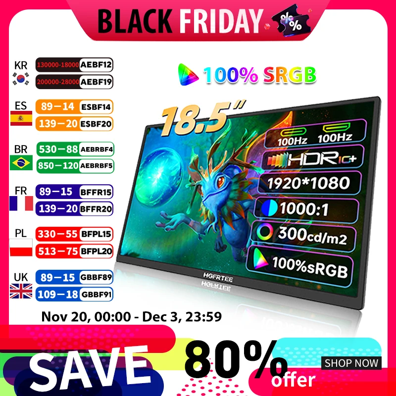 

Портативный монитор HGFRTEE, 18,5 дюйма, 100 Гц, RGB100 %, Расширенный дисплей, второй экран ноутбука с VESA отверстием и подставкой