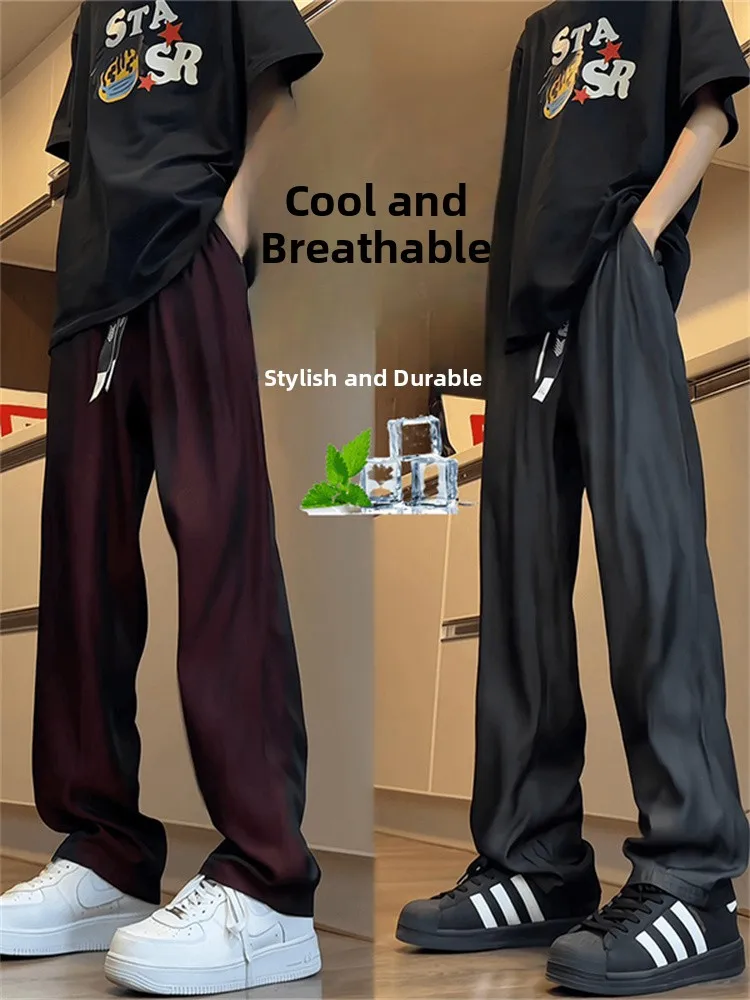 

Ice Silk Breathable Summer Thin American Retro High Waist Straight Leg Casual Pants Drapey Long Trousers for Men