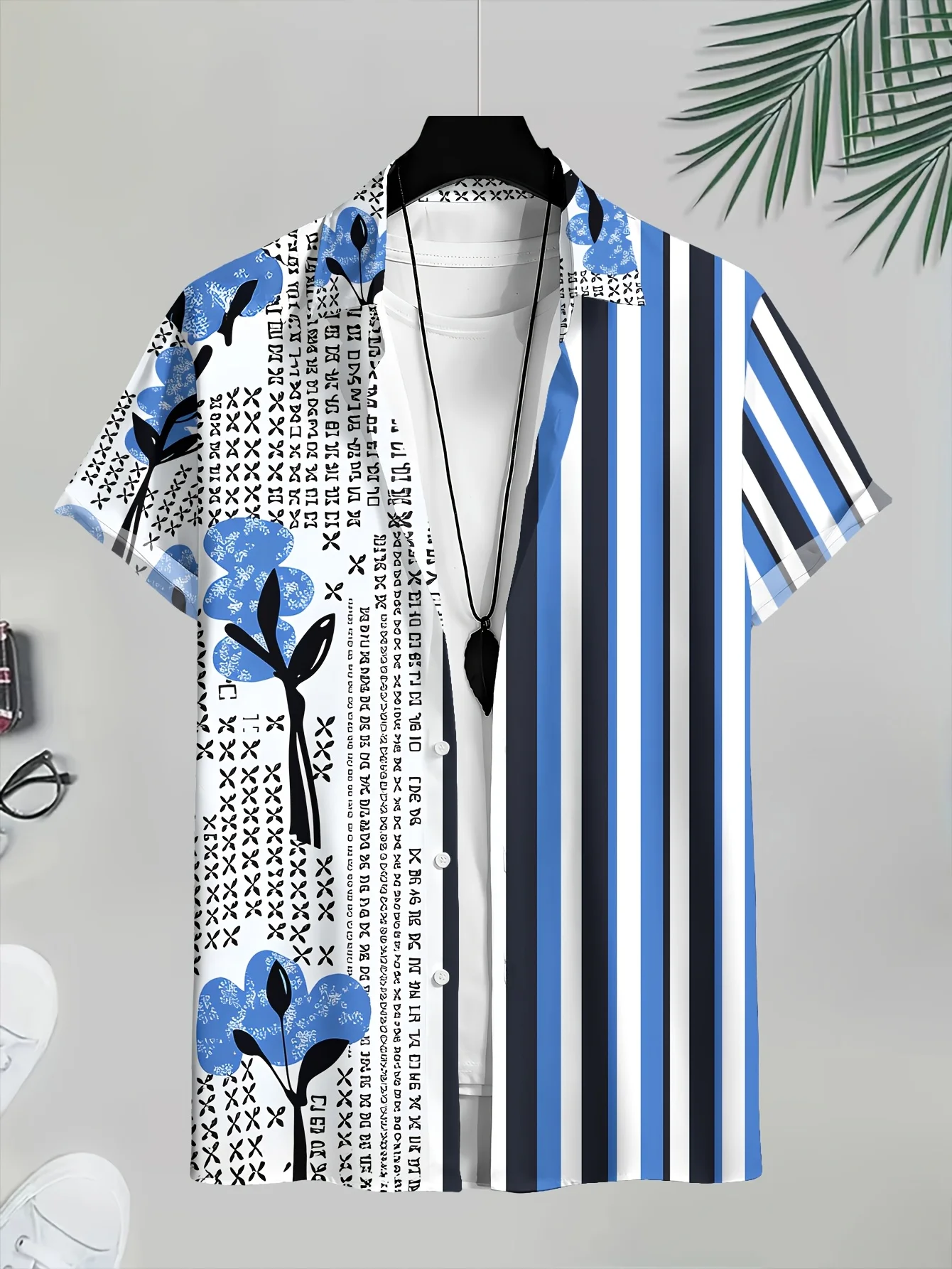 Fresh Cartoon Coconut Tree Tropical Flower Hem Full Printed Short Sleeved Shirt, Lightweight, Breathable, Loose Casual Shirt