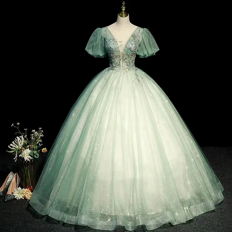 Luxury Mint Green Ball Gown Quinceanera Dresses Beads Sequined V Neck Short Sleeve Birthday Dance Party Vestidos De Quinceañera