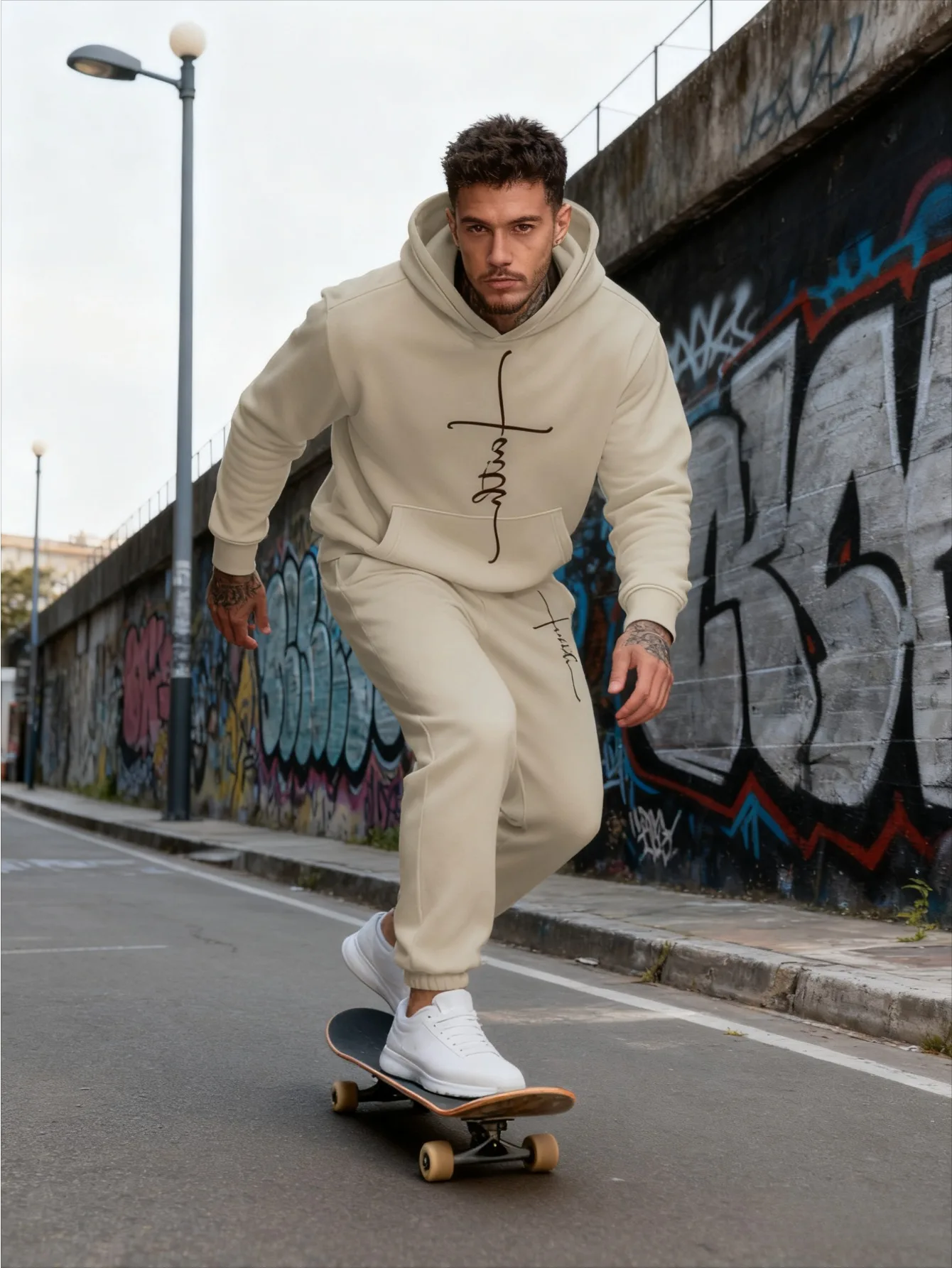 طقم بغطاء للرأس عصري مطبوع رقميًا للرجال مكون من قطعتين