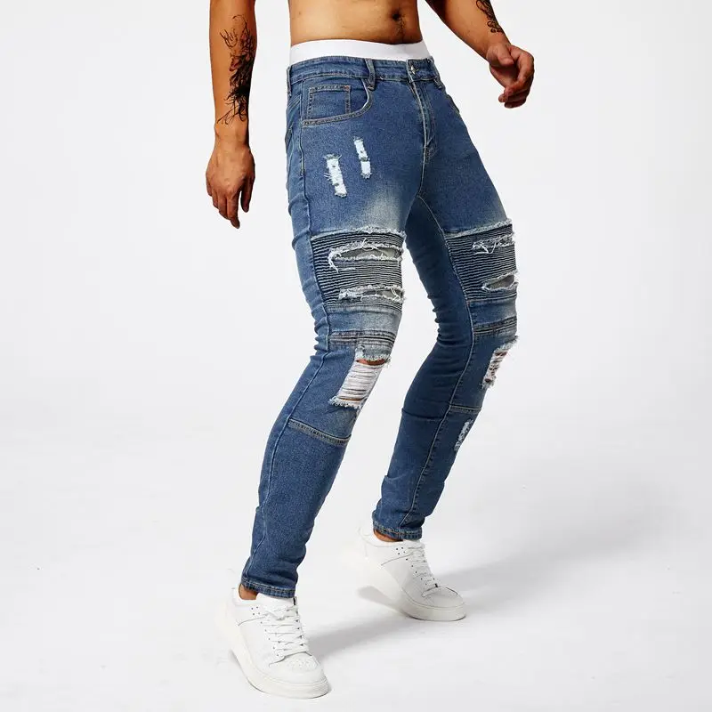 2024 New Summer Jeans Male Fashion Designer Breaking Hole Trendy Slim Fit Retro Motorcycle Fold Casual Bike Ripped Denim Pants