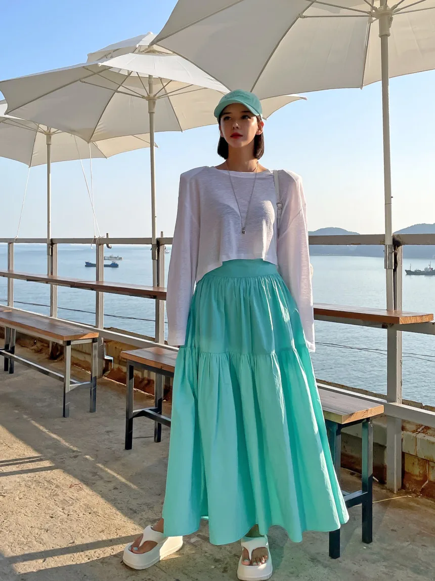 

Ретро-юбка макси А-силуэта с высокой талией для женщин, эластичная, плиссированная, корейский стиль, из полиэстера