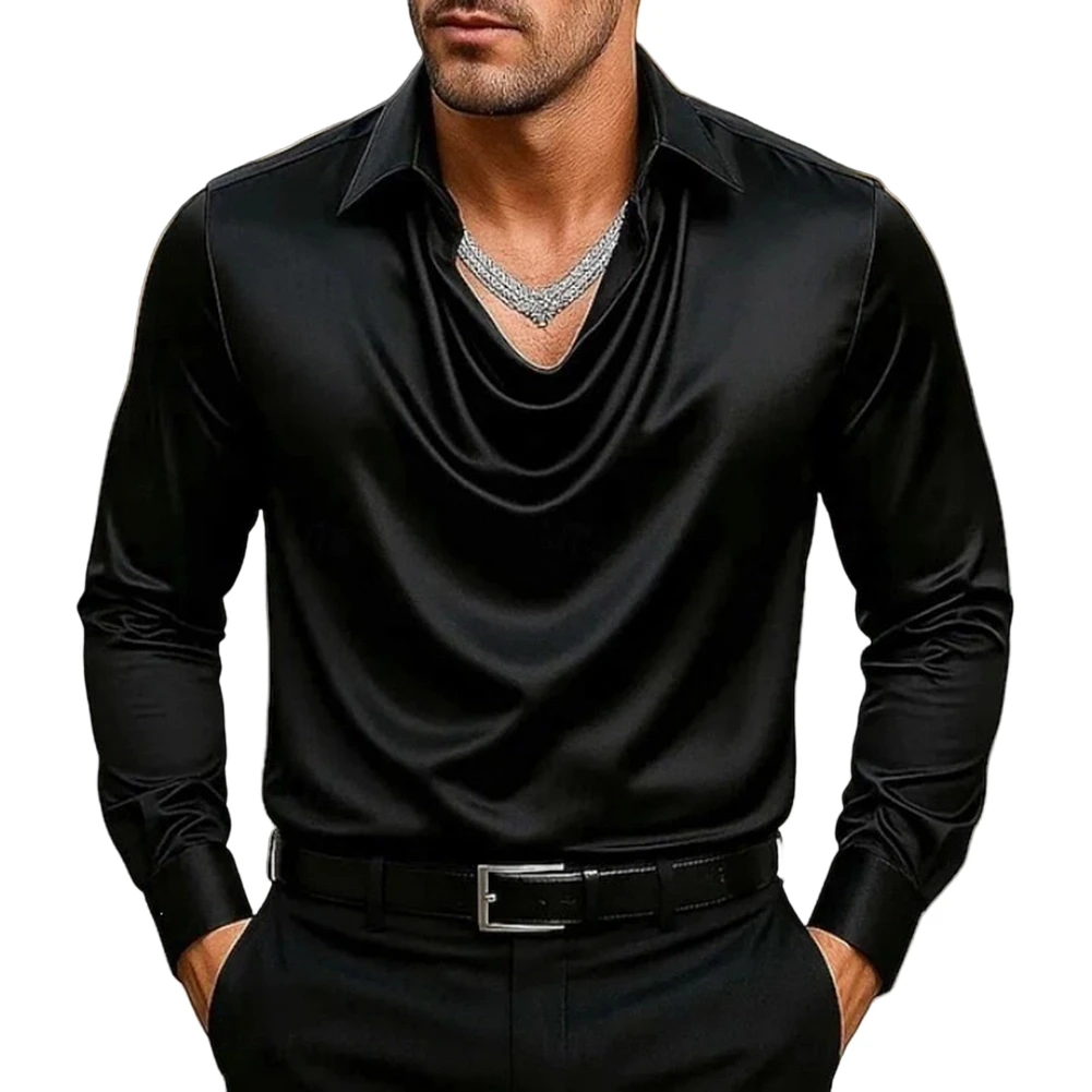 Mens Swing Collar Draped Shirts Blouses Satin Pullover Long Sleeve Casual Tops Collar Shirts Wedding Party Men Clothes