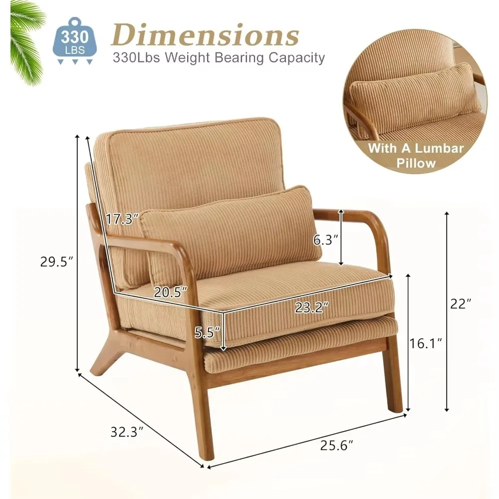 Upgraded premium corduroy upholstery chairs, upholstered armchairs, solid wood comfortable reading chairs with lumbar pillows