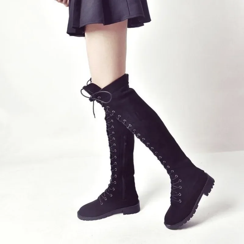 Sexy Women\'s Boots Thigh High Boots Lace Up Rubber Suede Women Shoes Rome Style Over The Knee High Boots Autumn Shoes Size35-43