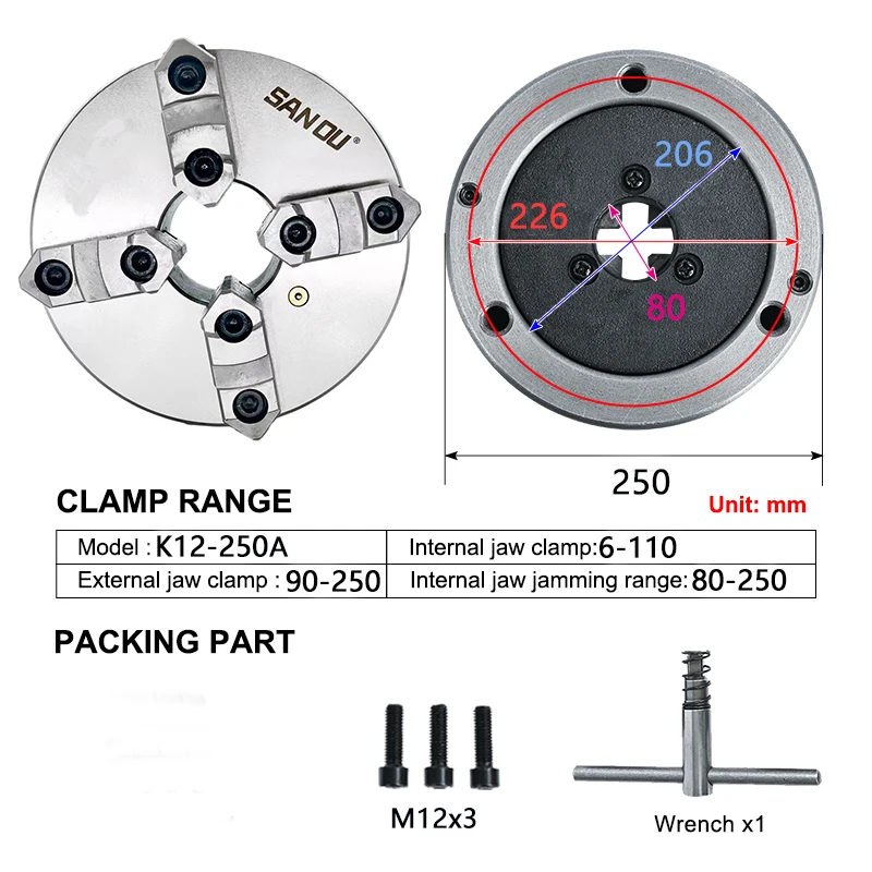 Lathe Chuck 250mm With Detachable Jaw Metal Chuck K12-250A SANOU Brand 4 Jaw Self-centering Chuck Type Manual Lathe Chuck