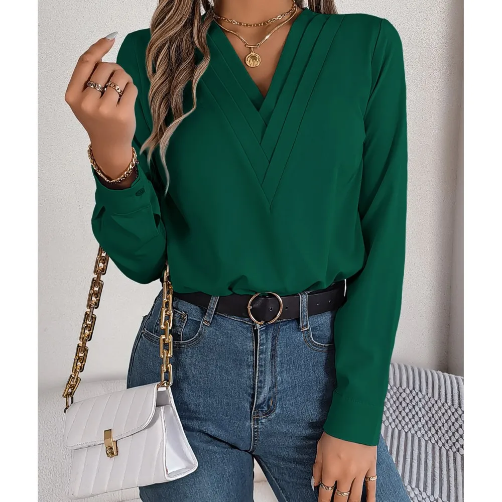 Office Lady Slim White Pullover Blouse Tops 2024 Autumn/winter Elegant Solid Color Layered V-neck Long Sleeved Shirt Femme Blusa