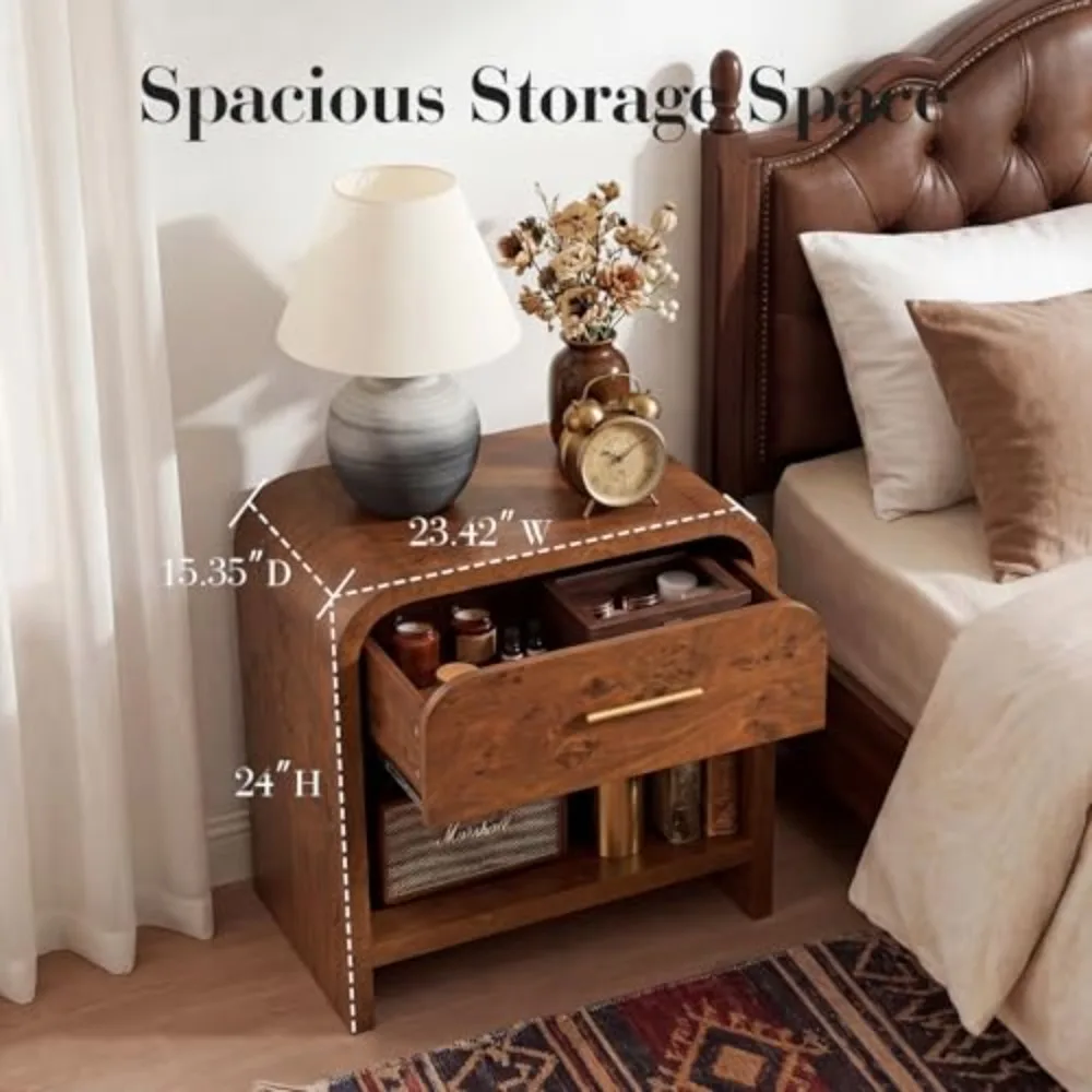 Night Stand Set of 2 [Unique Curved Profile] [FSC-Certified Wooden Board] 1-Drawer and 1 Storage Shelf Nightstand 24
