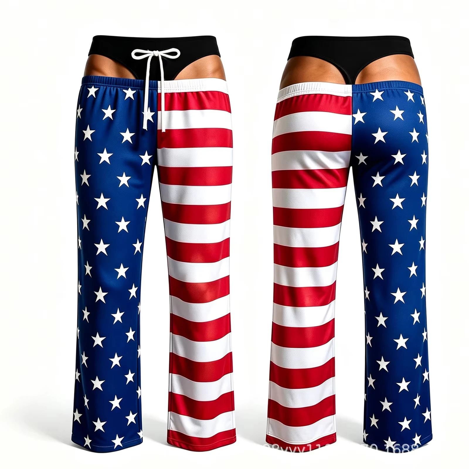 Fashion Men Women New Style Flag Printed Hollow Wide Leg Casual Pants with Drawstring Fun Halloween Party Activities Loose Pants