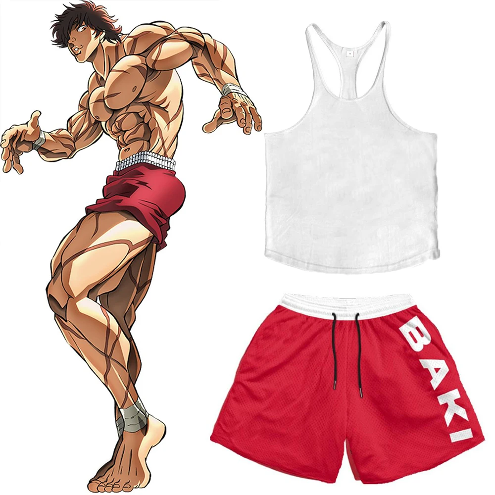 Anime Hanma Baki Set Print Shorts+Vest Performance Streetwear Beach Shorts Casual Loose Men Elastic Waist Shorts White Vest Set