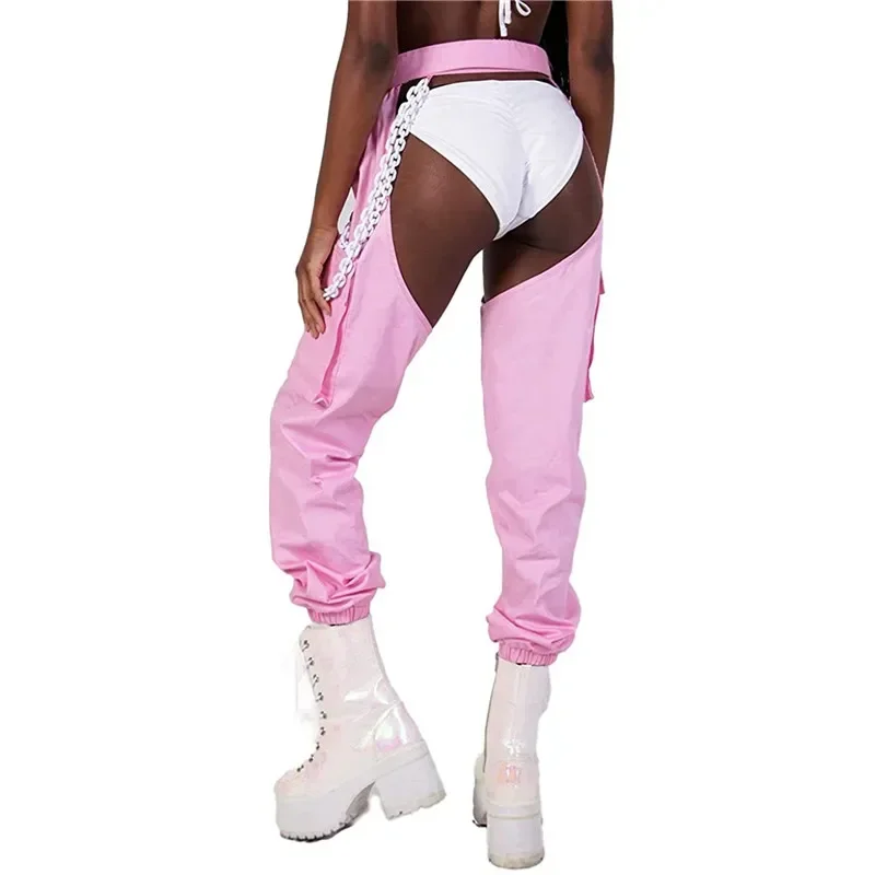 Pantaloni lunghi da donna con apertura sul cavallo pantaloni neri solidi a vita alta senza cavallo con cintura a catena Lady Sexy Night Club cavallo pantaloni MYQH05
