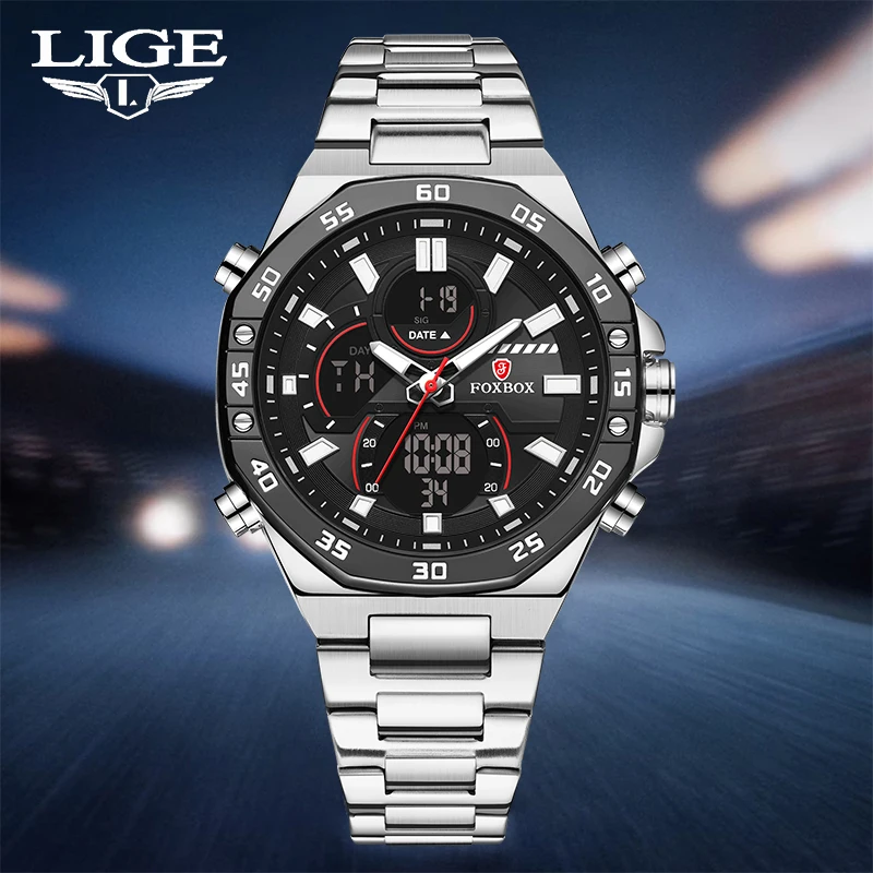 LIGE New Fashion Watch Men Top Brand Luxury Stainless Steel Quartz Men's Watches Waterproof Sports Dual Display Man Wristwatch