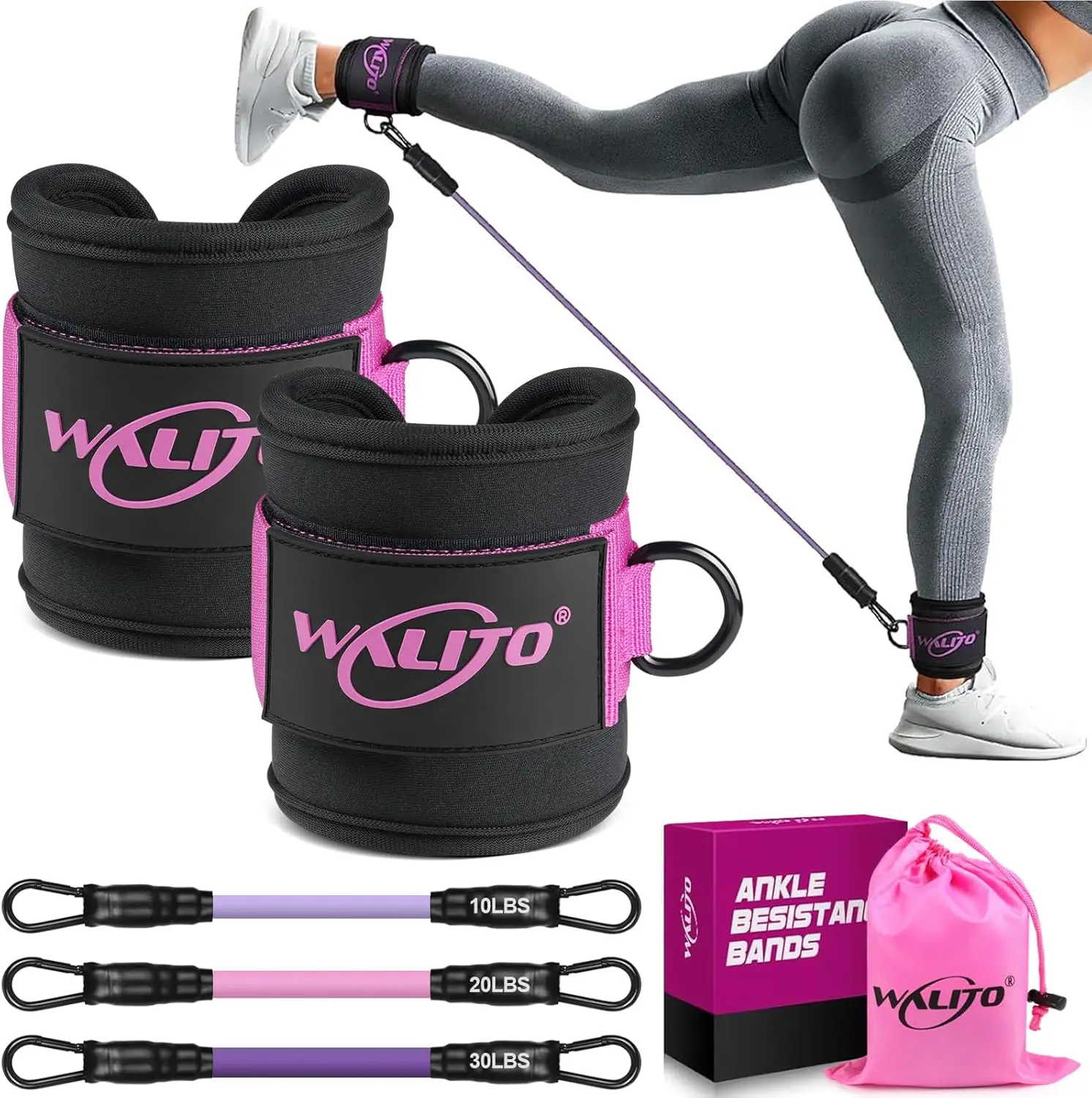WALITO Ankle Resistance Bands with Cuffs, Exercise Bands for Legs and Butt, Booty Workout Equipment for Kickbacks and Hip Fitnes