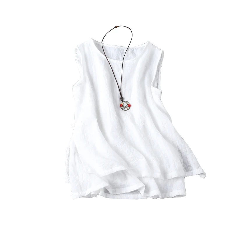2023 Summer New Solid Color Vests Women Round Neck Vintage Frog Thin Style Cotton Hemp Sleeveless Pullovers Simple Elegant Tanks