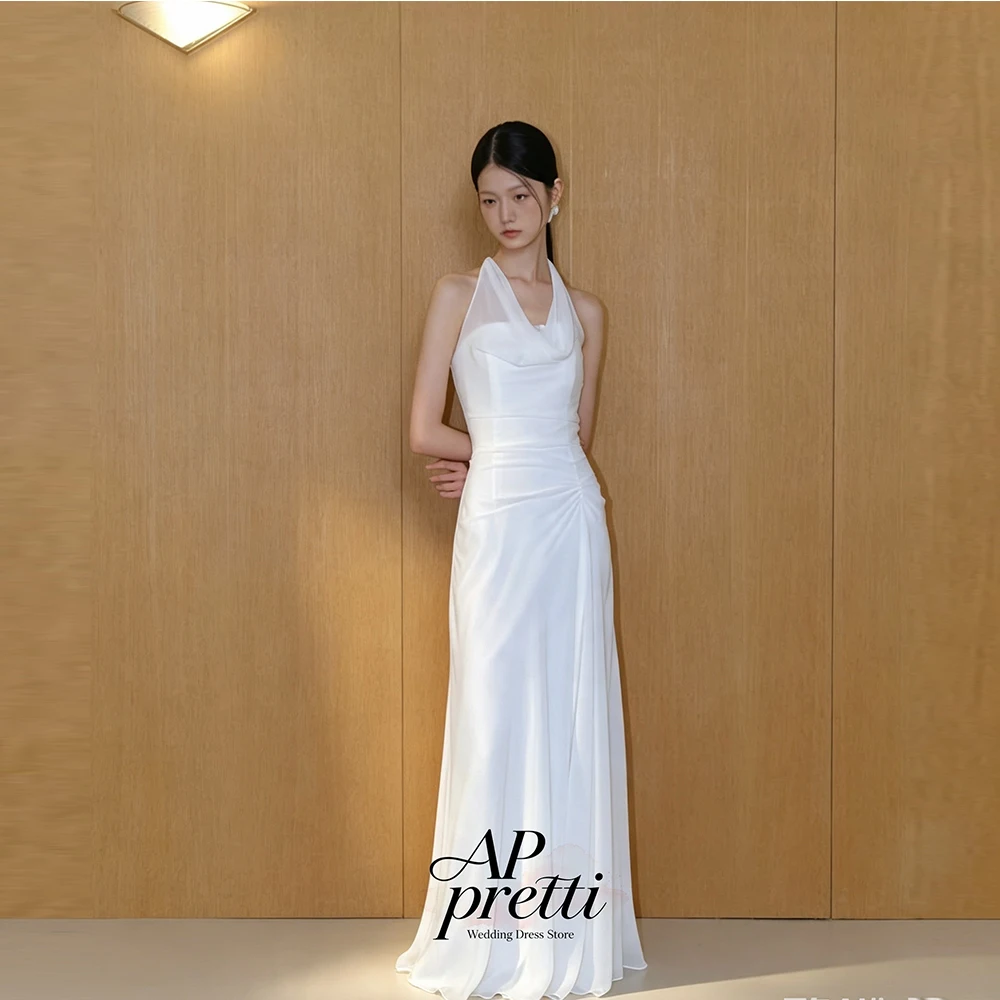 AP pretti Ivory Soft Satin Korea Wedding Dress Photo Shoot A Line Sleeveless Halter Bridal Gown Floor-Length Customized 웨딩드레스