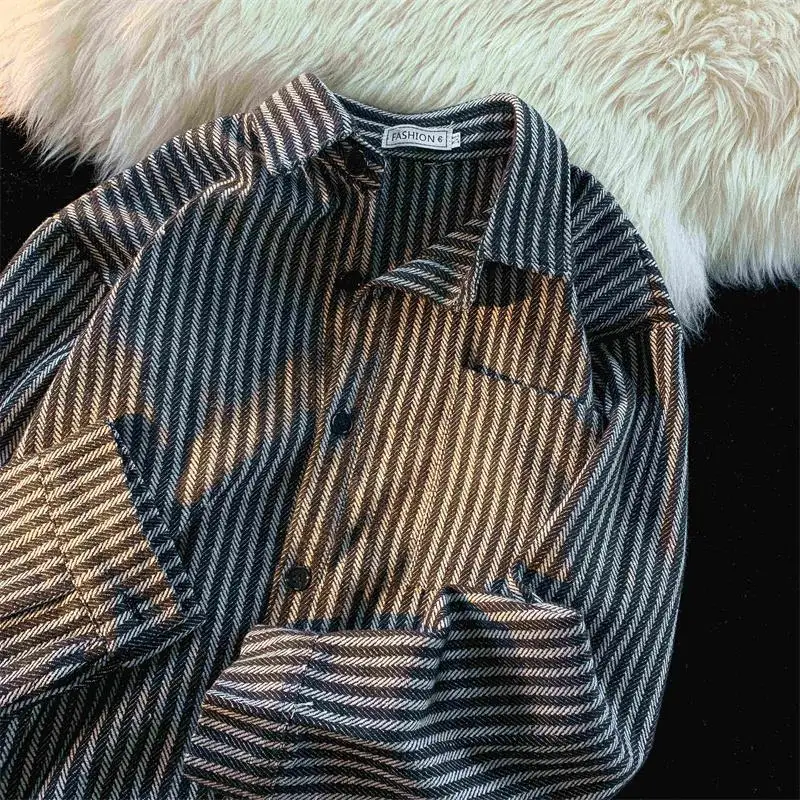 

Повседневная мужская рубашка в полоску с длинным рукавом, свободного кроя, с цветовыми блоками, в стиле BF, с драпированным воротником, осенняя мода