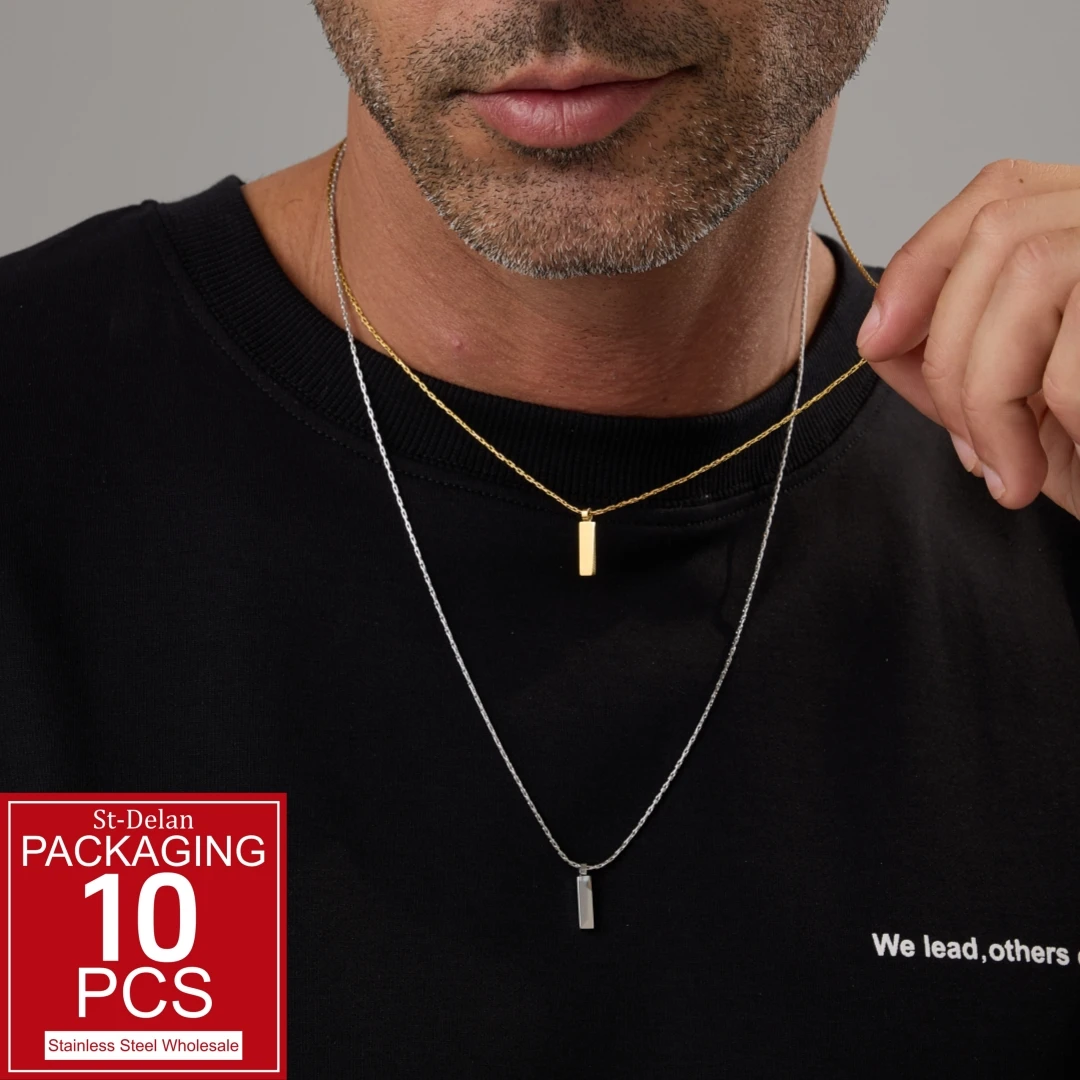 ZHENL 18K vergoldete Edelstahl-Boxkette Halskette für Herren 58cm Minimalistischer rechteckiger Stabanhänger Herren-Punk-Schmuck Geschenk – Detail 5