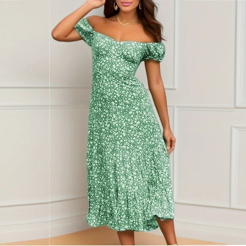 

Elegant floral prints Dresses for Summer Women's Dress 2024 new sexy Slash Neck SHort Puff Sleeve High Waist A-line Maxi dress