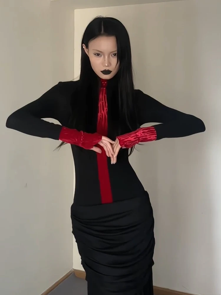 Yedinas Patchwork Turtleneck T-shirt Woman Clothes Long Sleeve Black Gothic Autumn Tops 2000s Clothes Y2k Tees Female Clothing