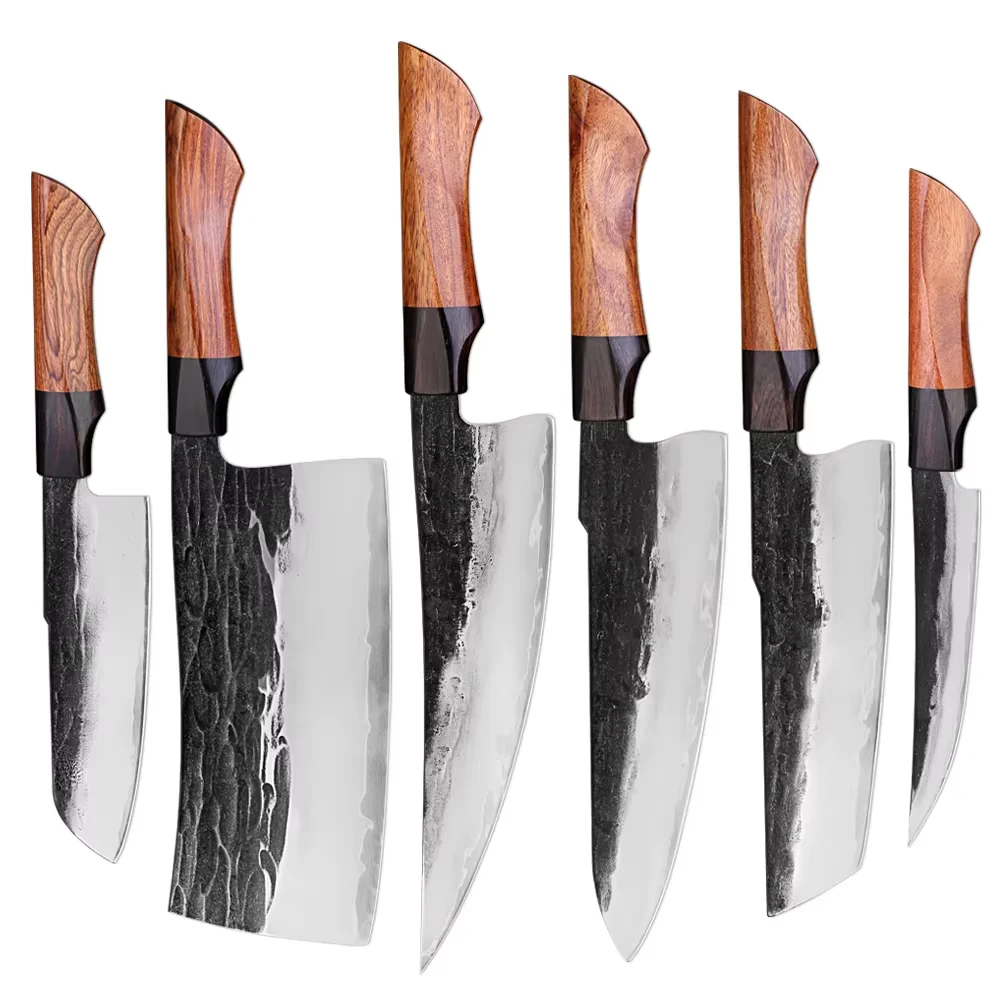 

Handmade Kitchen Knife 1-6Pcs Set Triple-layer Composite Steel 9CR18 Core Hand Forged Sharp Chef Cleaver Knife Wood Handle