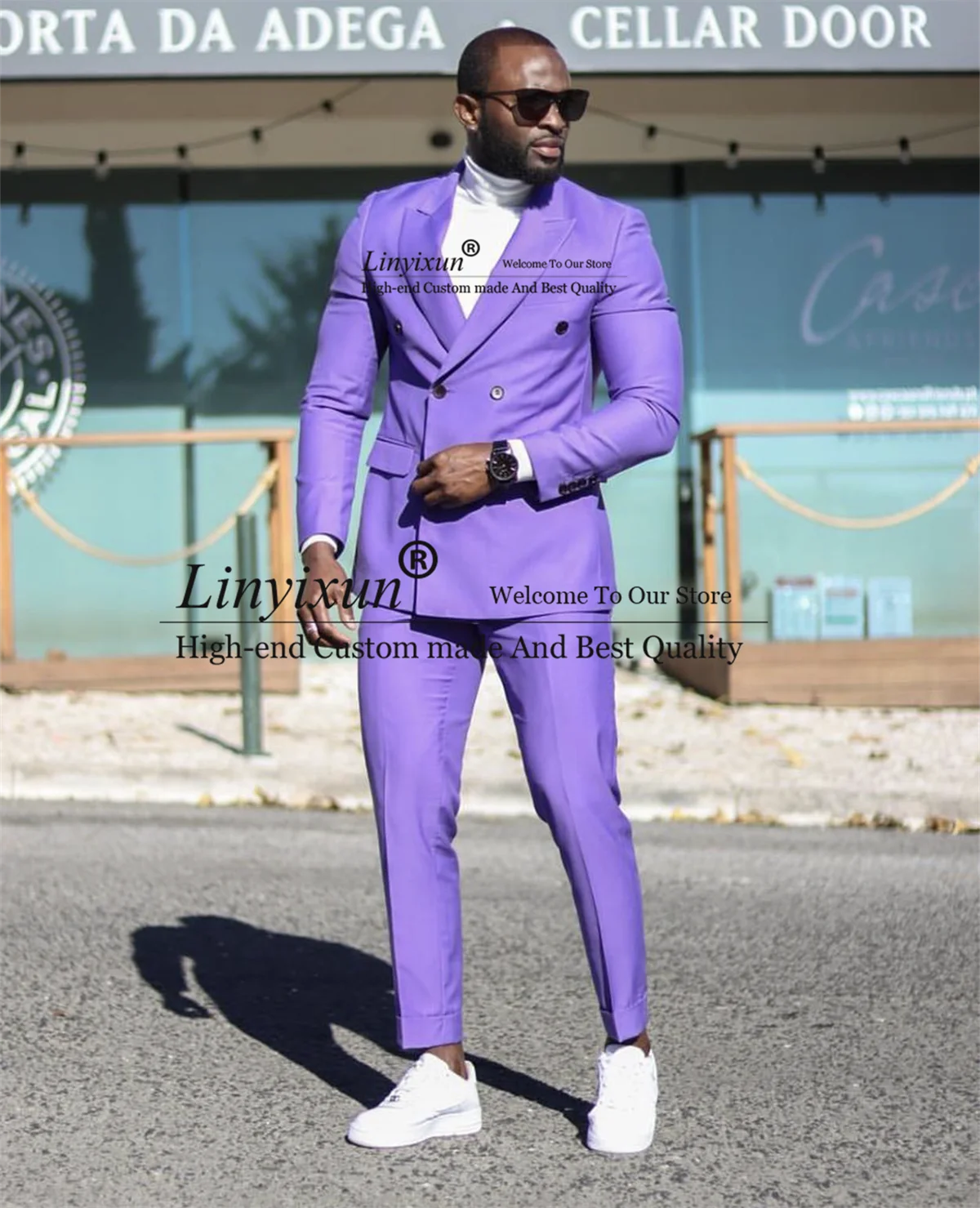 

Fashion Light Purple Wedding Suits For Men Double Breasted Groom Tuxedos 2 Pieces Jacket Pants Outfits Groomsmen Blazers Sets