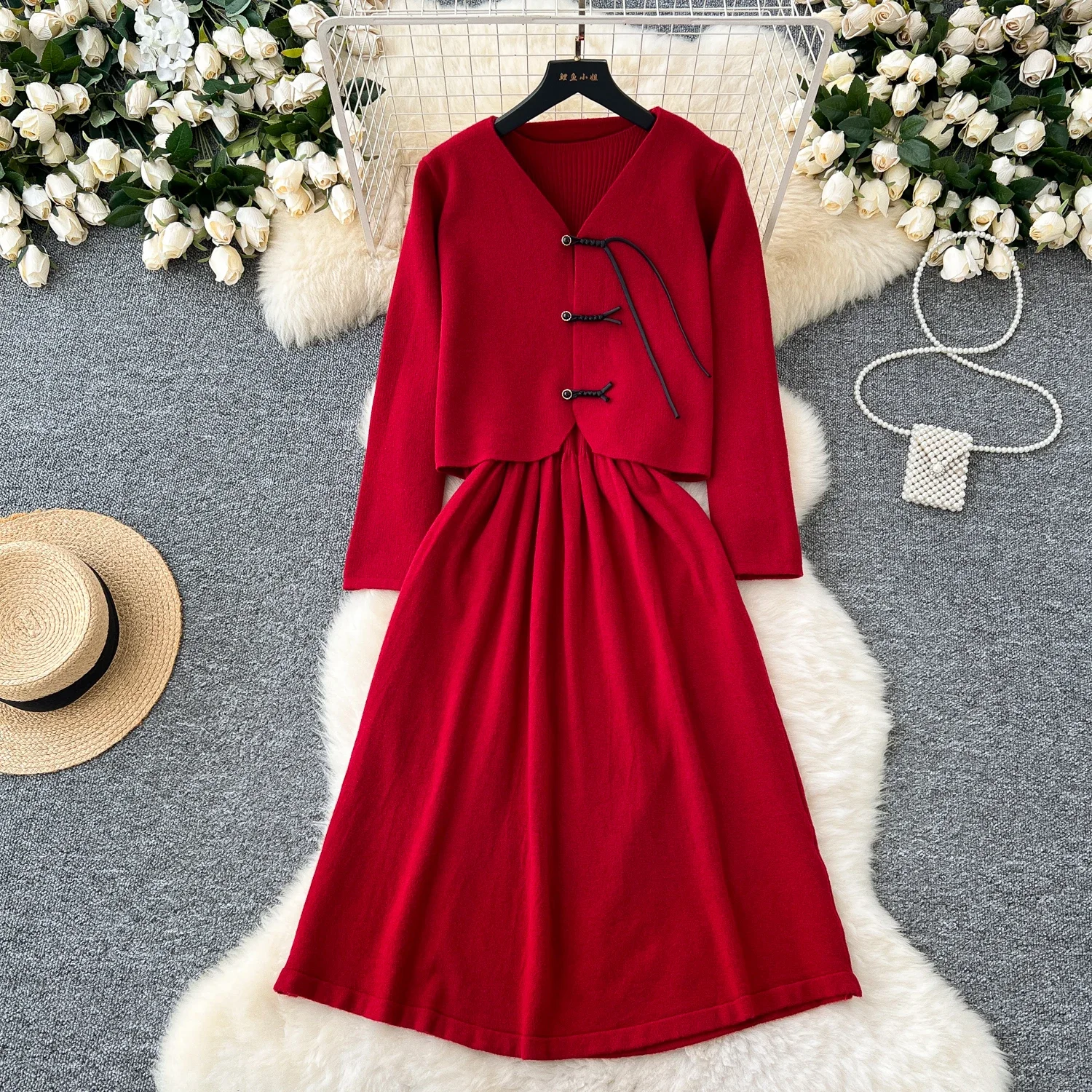 Chic Twp-piece Sets Casual Button Knit Vest Vintage Basics Sleeveless A-line Dress Sweet Evening Autumn Winter Women Clothing