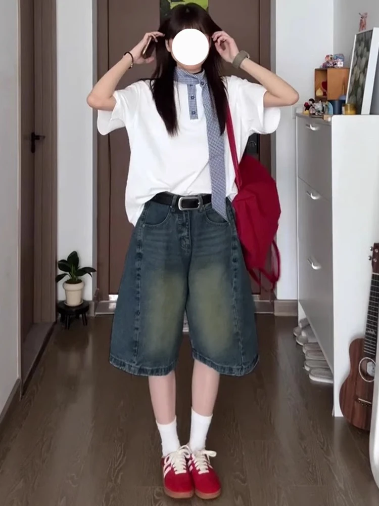 

Retro High Waist Skinny Jeans Shorts Women's plus Size Five-Quarter Wide Leg Spring Thin Denim Pants High Waist Jeans Shorts