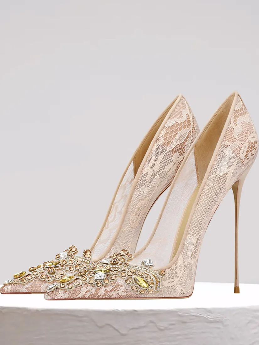 

2026 Spring/Summer New Lace Exquisite Design Sense, Small and High End Sense, Pointed and Narrow Heel High Heels for Women