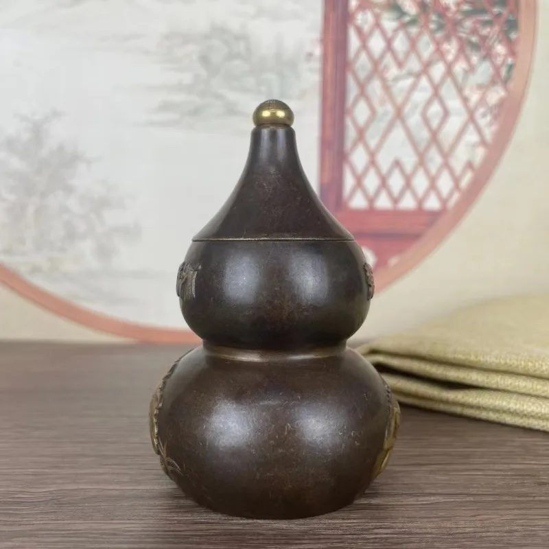 Antique Bronze Tone Calabash Figurine Embossed Gold Lotus & Chinese Text Retro Oriental Small Metal Container Table Decor Gift