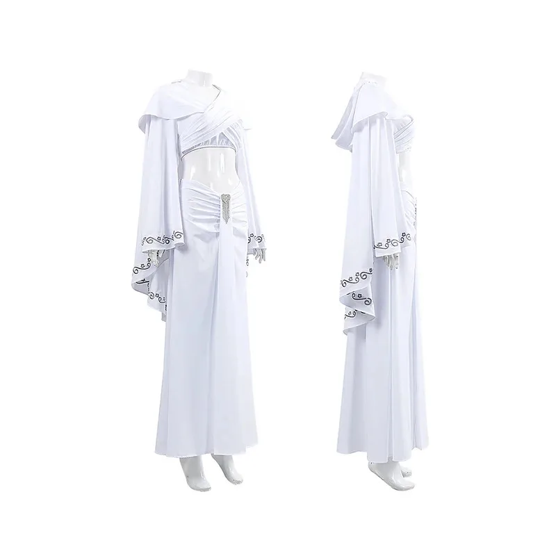 Padme Cosplay Amidala Abito bianco Costume Film Spazio Battaglia Travestimento Completo bianco Abiti Mantello con cappello Gonne Abiti di Halloween