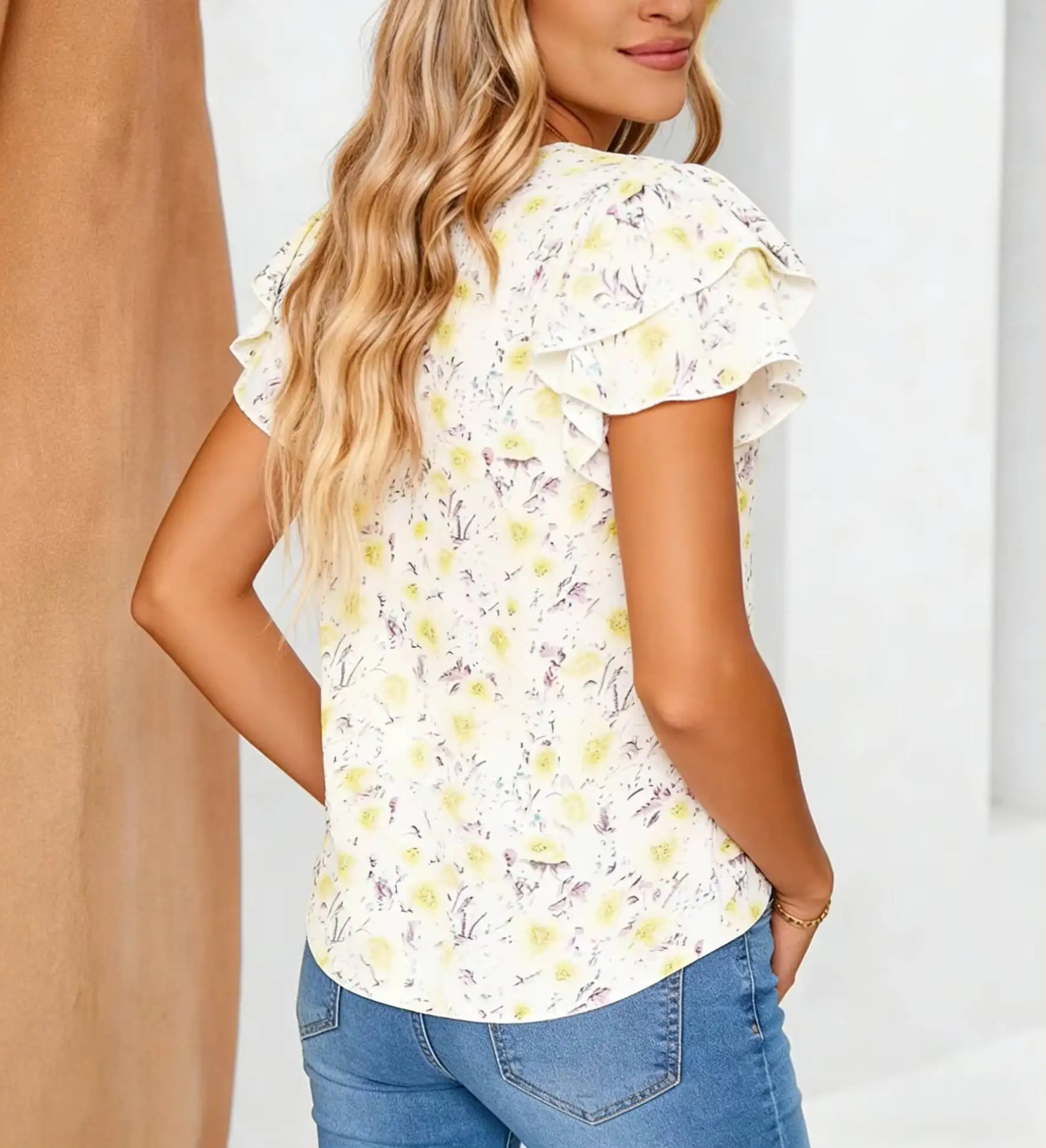 Women's White Floral Print Blouse Round Neck Layered Ruffle Short Sleeve Loose Fit Casual Shirt Spring Summer Daily Work Outfit