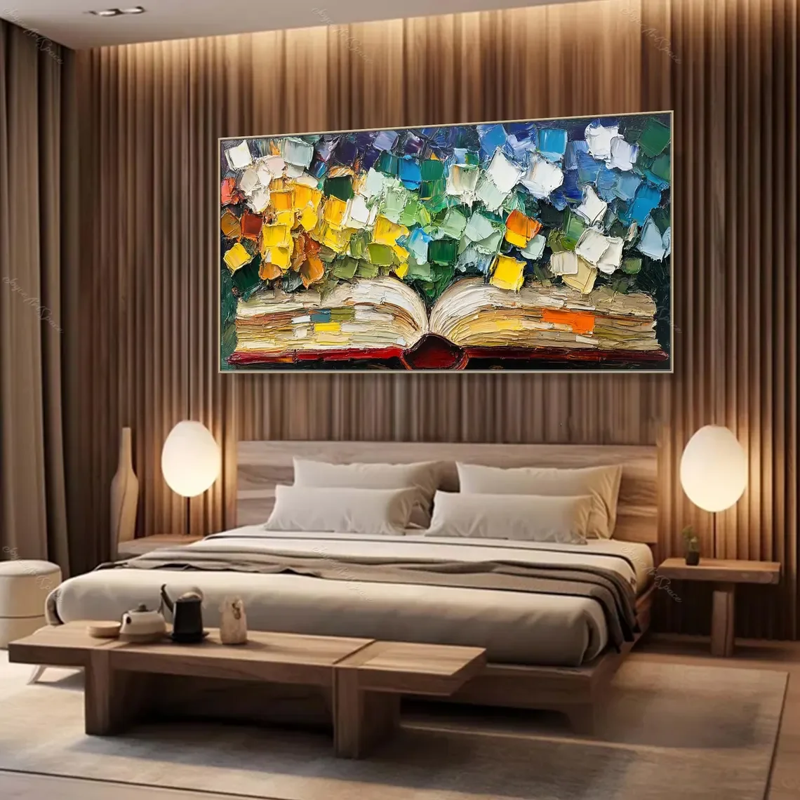 Large Frameless Canvas Wall Art,Abstract Oil Painting Original Colorful Impasto Living room Wall Art Large Open Book Canvas Wall