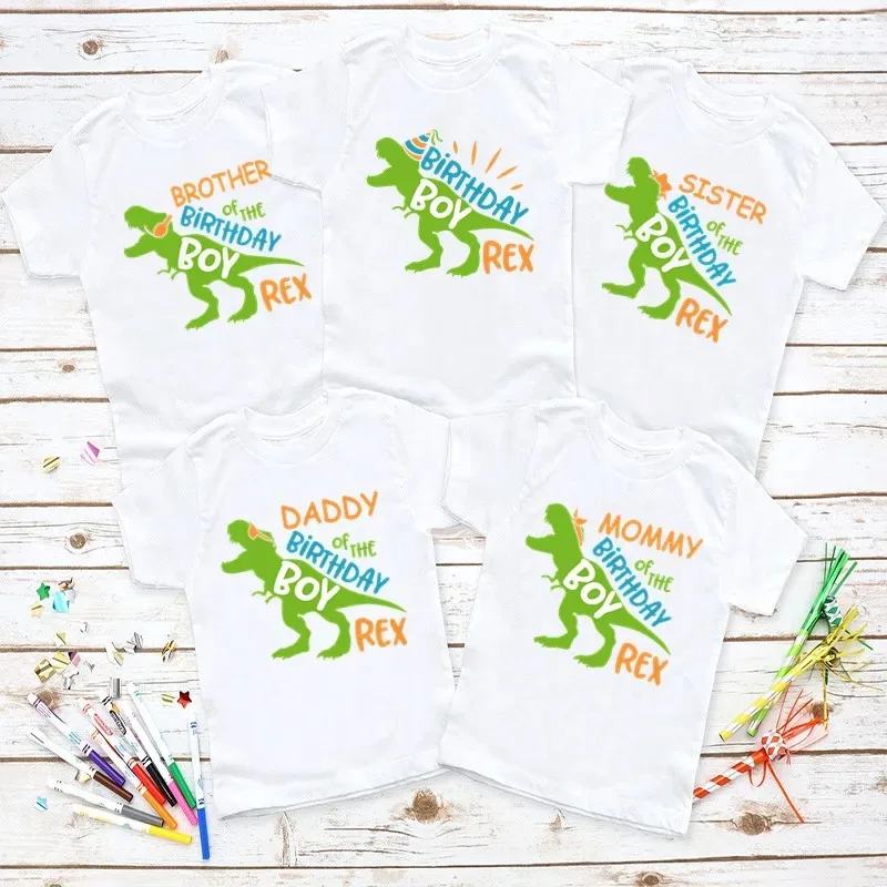 Matching Family Outfits For Birthday Boy Dinosaur Rex Theme Party Family Look T-shirt Kids Clothes Father Mother Daughter Son