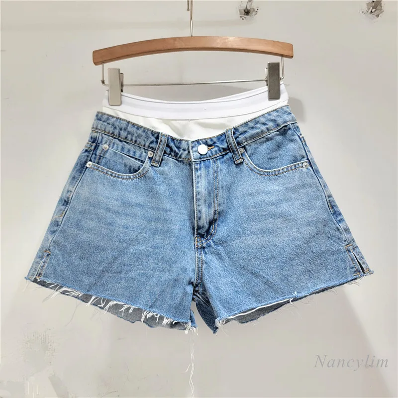 Frayed Fake Two Pieces Leisure High Waist Super Short Shorts for Women 2024 Summer New Color Contrast Patchwork Denim Hot Pants