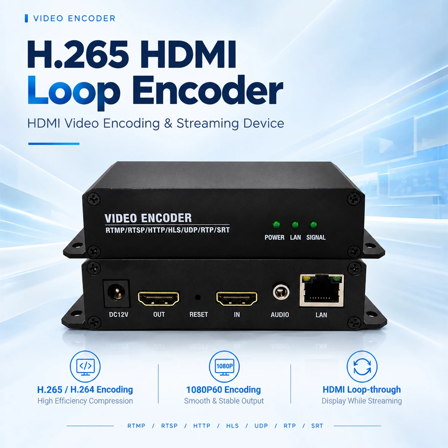 H.265 Hdmi Loop Encoder, H.264 MJPEG, 1080P60, Hdmi Loopout, RTMP RTSP SRT HLS, ONVIF IPTV Live Streaming Encoder