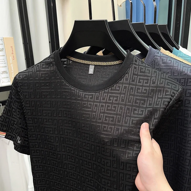 T-shirt Jacquard à manches courtes et col rond pour hommes, à la mode, décontracté et confortable, polyvalent, toutes saisons, nouvelle collection 2025