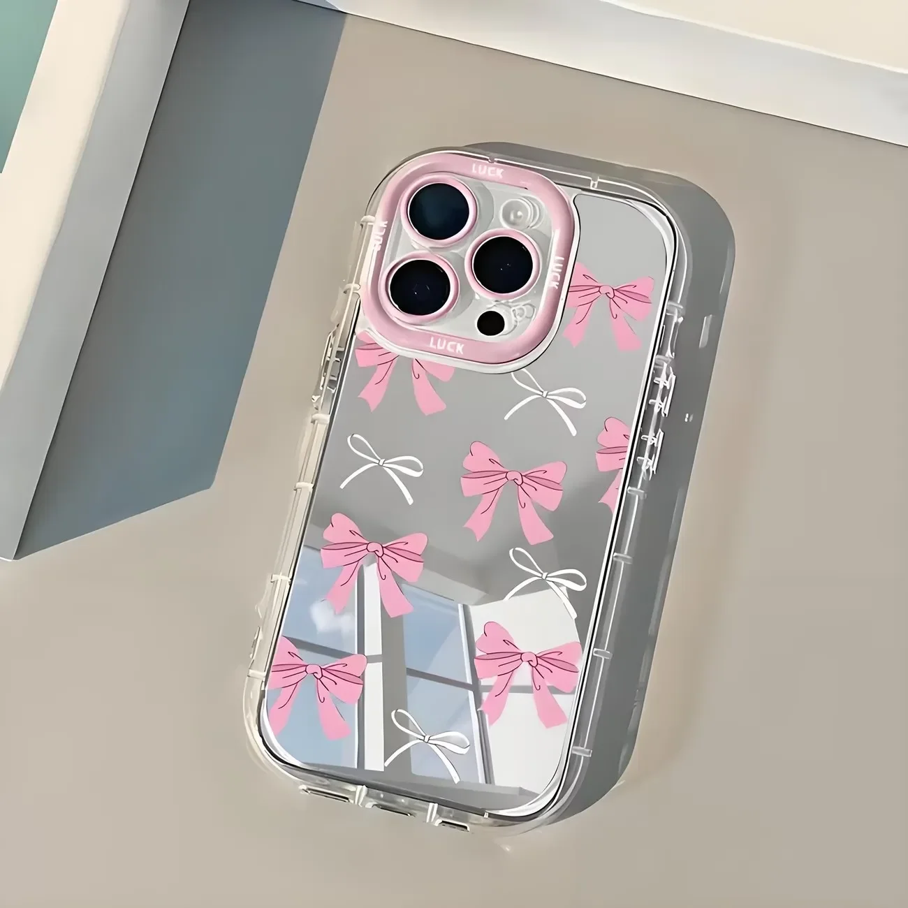 Simple Blue Pink Bow Girl Cute Makeup Mirror Phone Case For iPhone 17 AIR 16 15 14 13 12 11 Pro MAX XR XSMAX 7 8 Plus Y2K Cover
