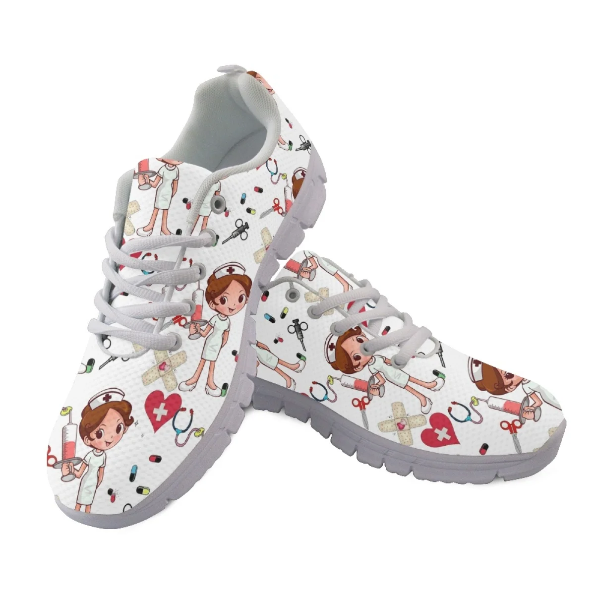 Belidome White Cartoon Nurse Women Tennis Dental Shoes Running Walking Sneakers Work Casual Lightweight Non-Slip Gym Trainers