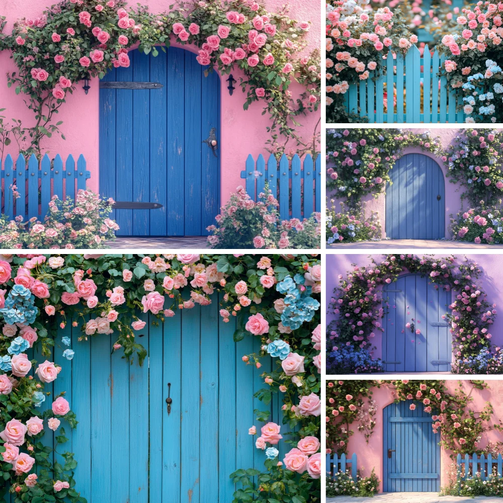 

Colorful Flowers Photography Background Pink Rose Blue Wooden Door Cloud Backdrop Cloth Birthday Wedding Decoration Photozone