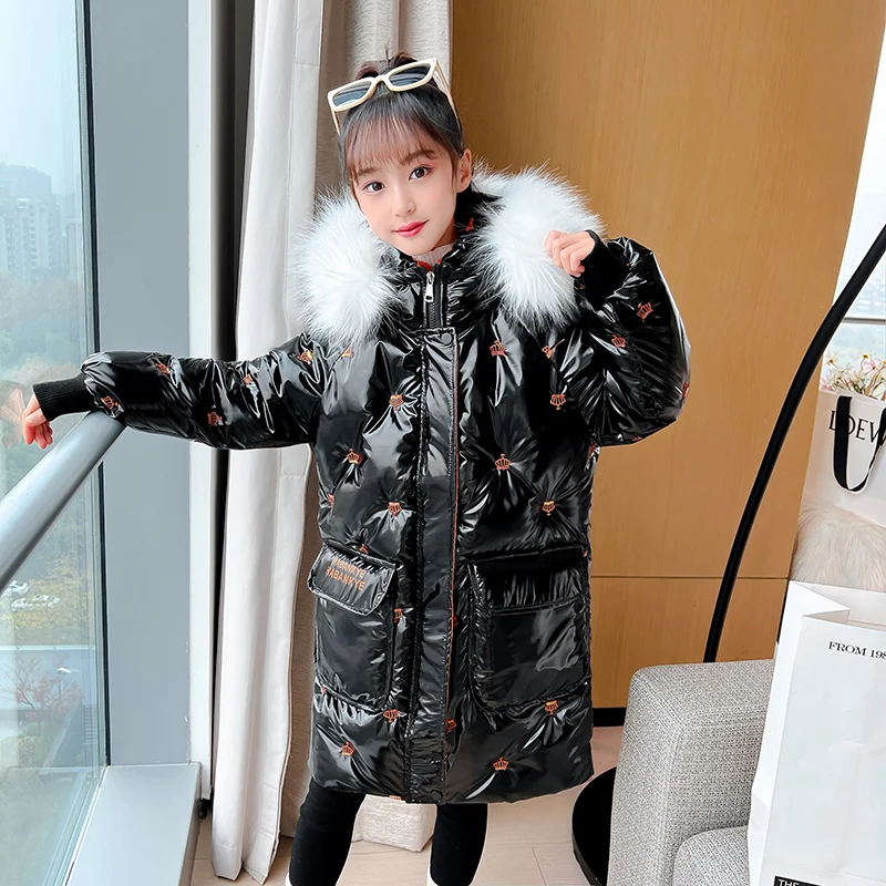 Girls' cotton-padded jacket bright 2023 new cashmere winter long wash-free, big children's padded down cotton-padded jacket.