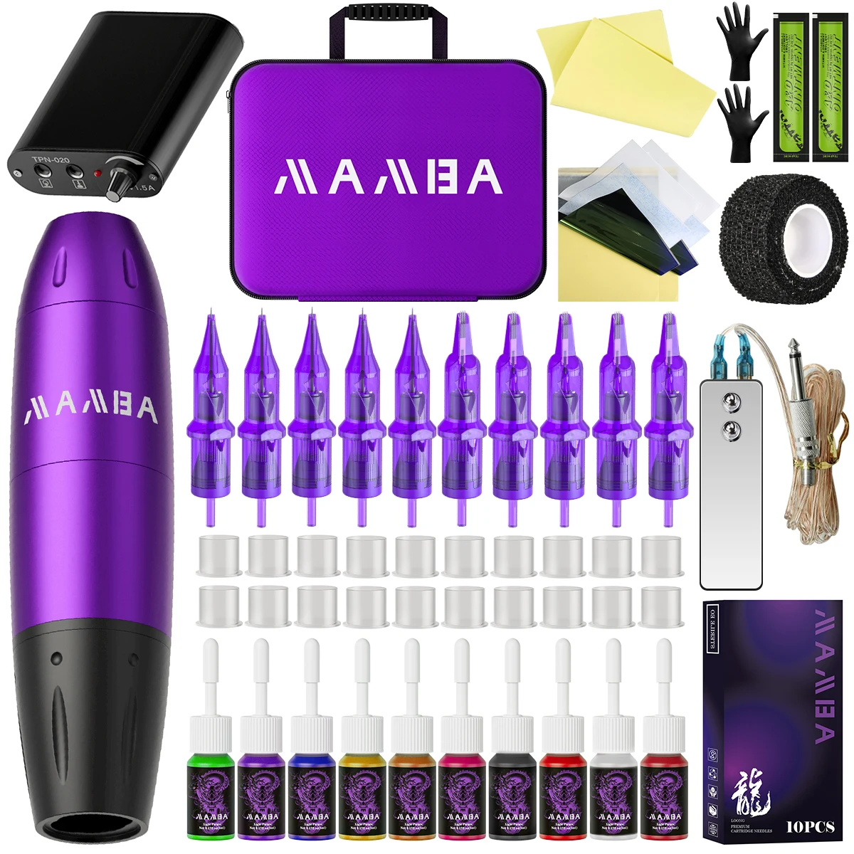 

BLACK/PURPLE Wireless Tattoo Machine Kit Complete Rotary Tattoo Machine Battery Cartridge Needles Power Supply Ink for Body Art
