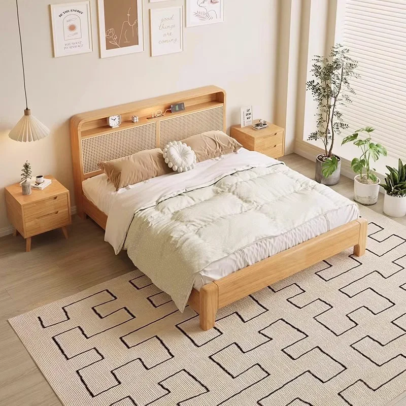 

Solid wood, rattan, bed Japanese 1.8m double bed, modern, simple, retro, homestay, master bedroom, storage bed