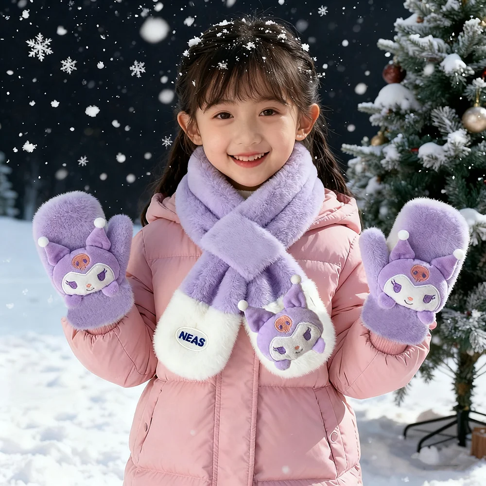 

Sanrio Kawaii My Melody плюшевый детский шарф Kuromi Cinnamoroll, аксессуары для перчаток, детские шарфы для девочек, милые мягкие утолщенные подарки