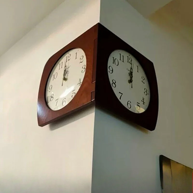 Modern Double Sided Wall Clock Wooden Corner Hanging Timepiece Creative Dual Face Decor Timer Living Room Wall Mount Ornament