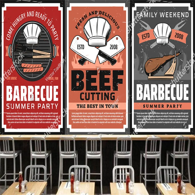 Barbecue Kebab Steak Beef Industrial Decor Wallpaper Restaurant BBQ Party Bar Background Wall Papel De Parede  Papel Tapiz