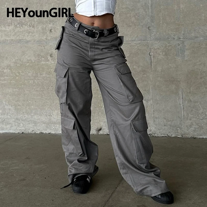 

HEYounGIRL American Retro Women Cargo Pants Fashion High Street Y2K Casual Straight Trousers Harajuku Gray Sweatpants Spring