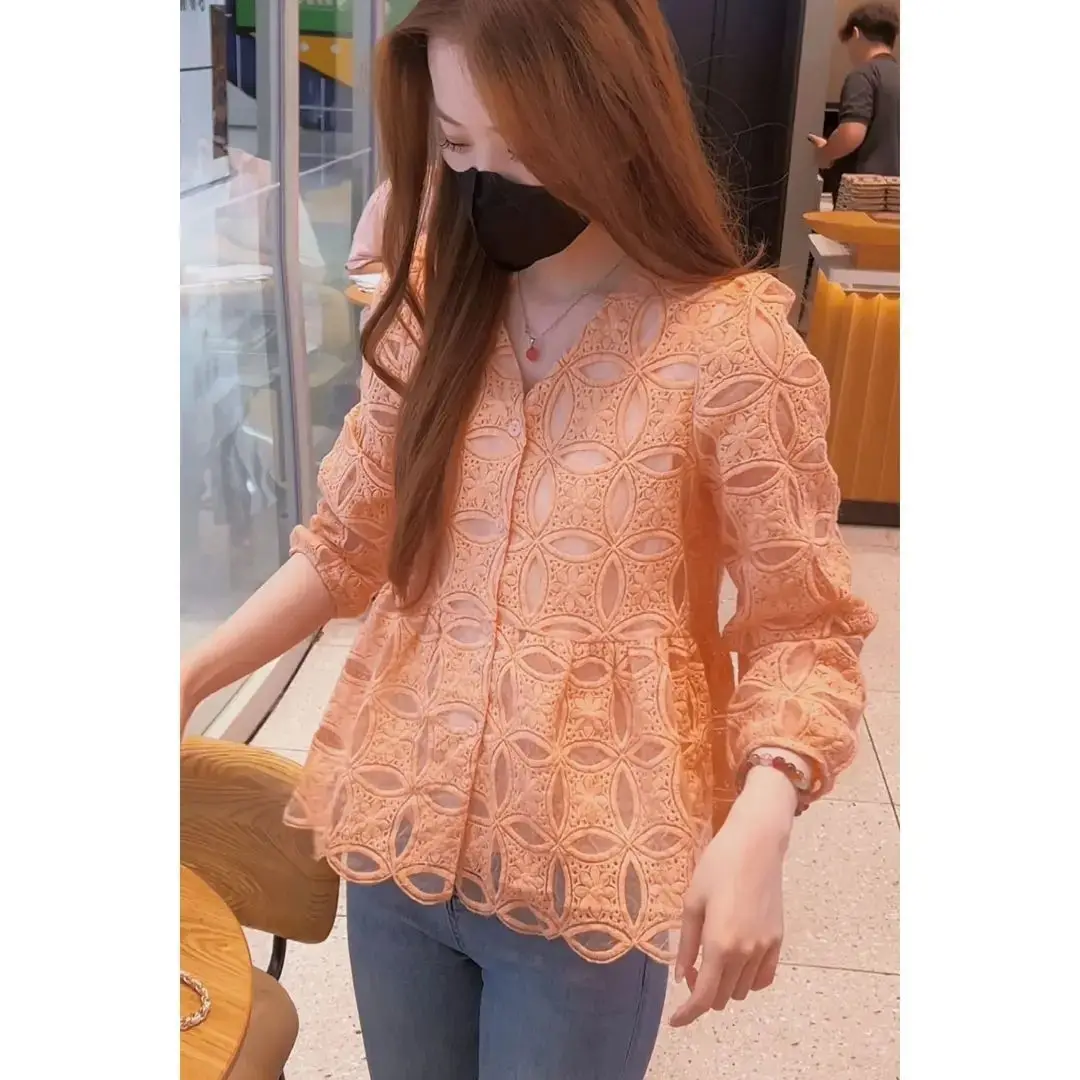 Femmes dentelle broderie irt Long Sve minceur ventre couvrant Faionable à la mode Anti-âge automne nouveau Sle décontracté ample...