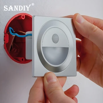 SANDIY บันไดไฟ LED Motion Sensor โคมไฟติดผนังไฟกลางคืนอัตโนมัติสำหรับขั้นตอนห้องน้ำห้องนอนระเบียงตกแต่งบ้านโคมไฟ Fit 60mm Round Box Motion Detector โคมไฟในร่ม 110V / 220V สีขาวทองเงินสีดำไฟขั้นตอนในตัว
