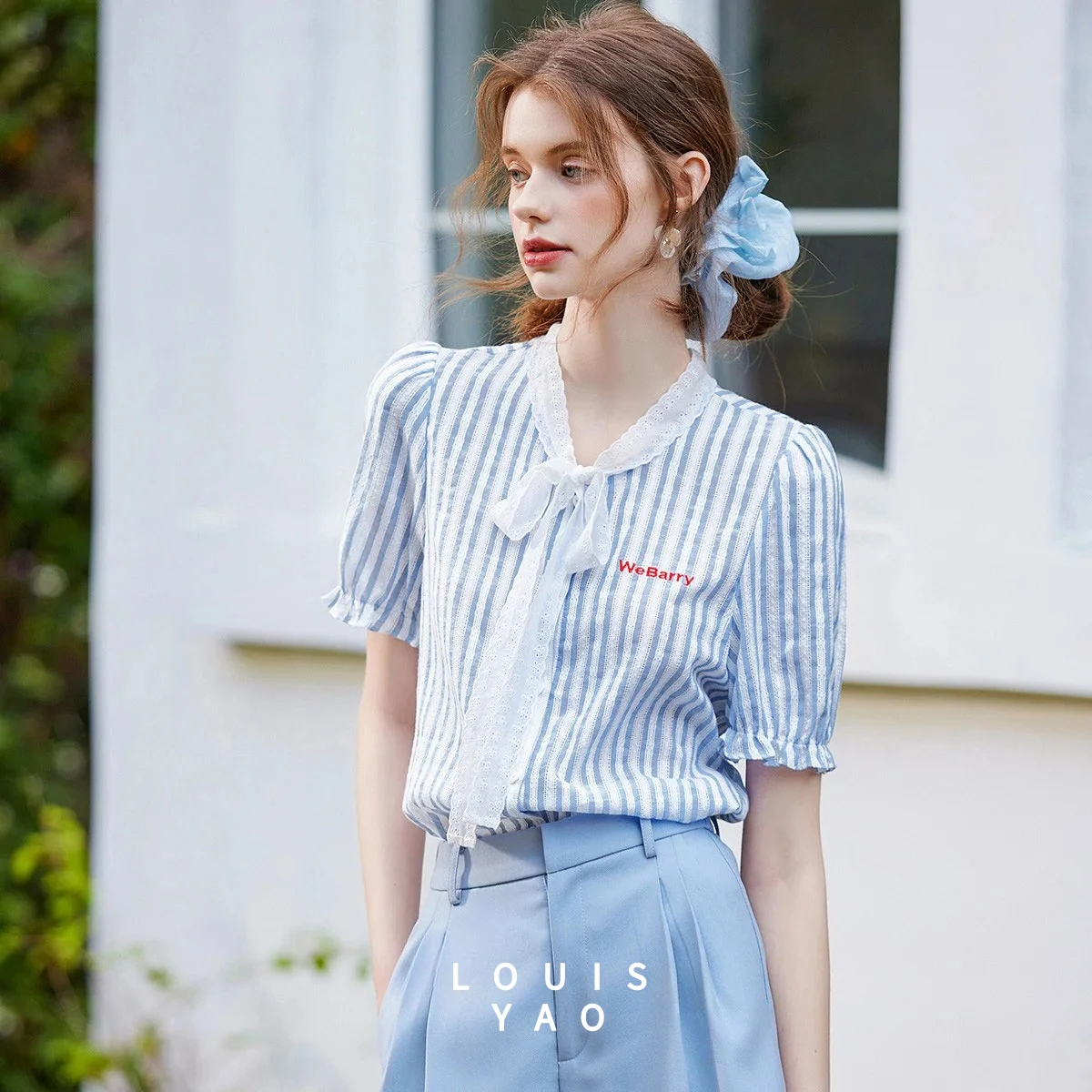 LOUISYAO Lace-up Collar Striped Women's Shirt 2025 Summer Tops Advanced Sweet Short Sleeve Cardigan No Stretch Blouses